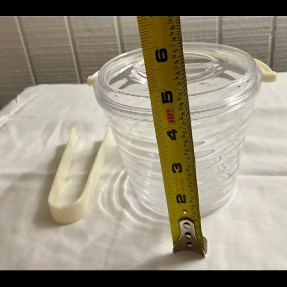Vintage MCM Plastic Ribbed Ice Bucket w Cream Handle and Tongs EVC.